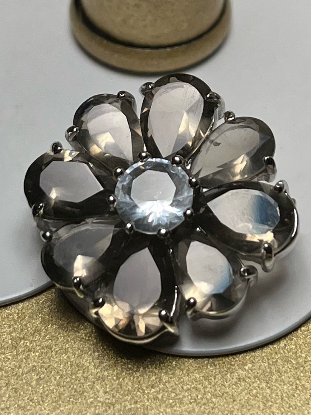 Vintage Silver tone Floral Brooch - Clear Smoky Crystals EUC
